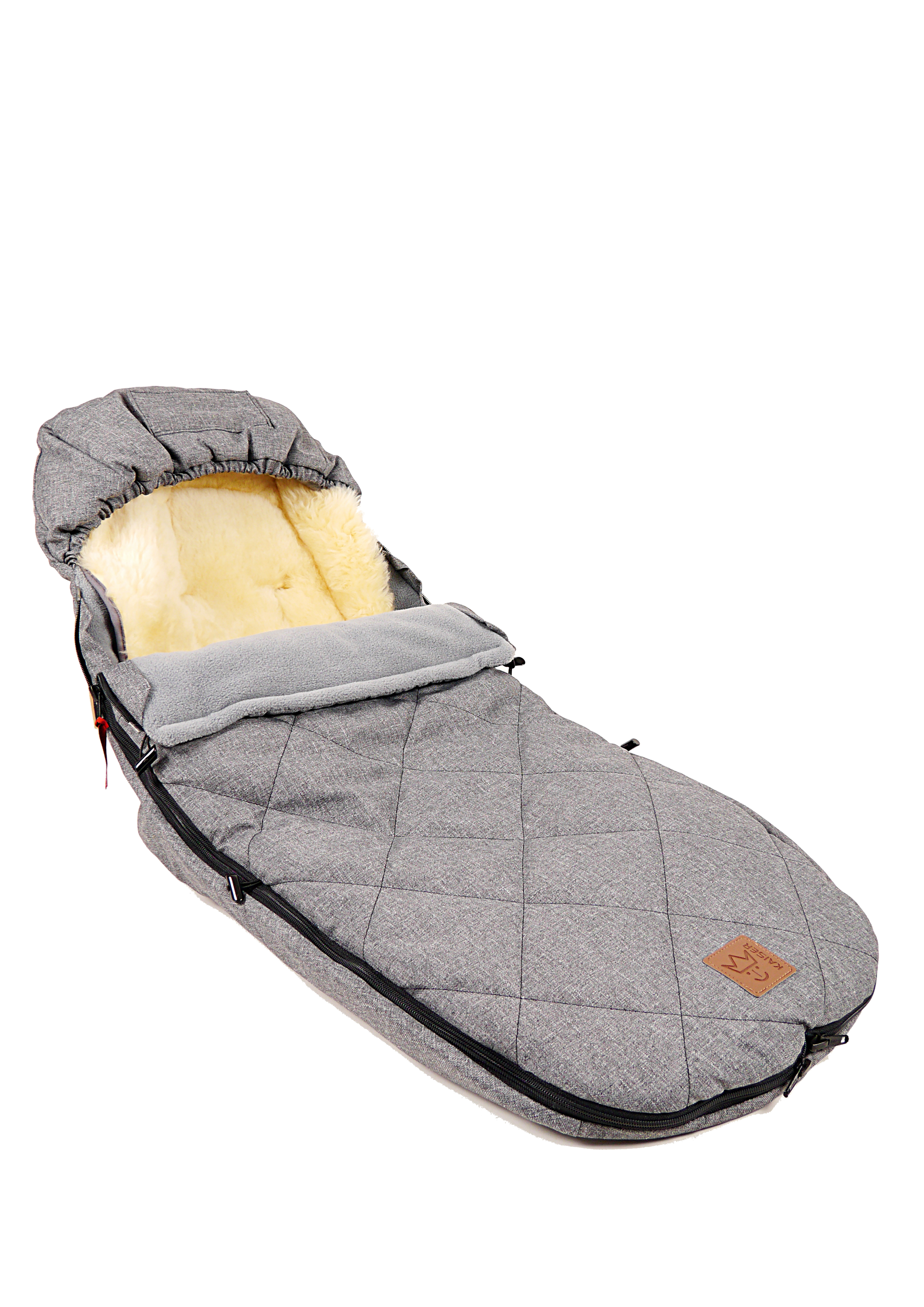 Seitenansicht Winterfußsack in der Farbe anthrazit melange für Kinderwagen mit Lammfelleinlage