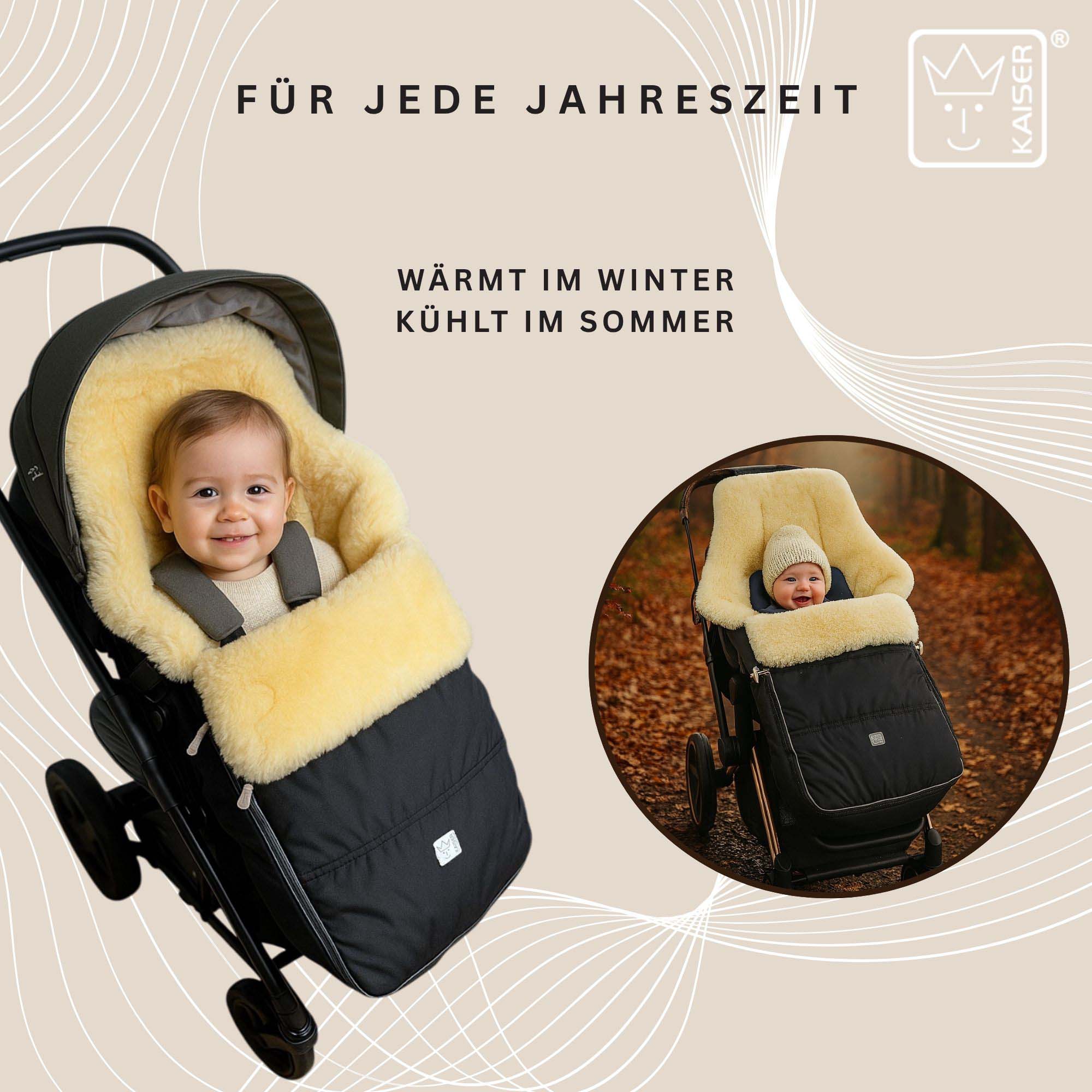 Fußsack mit Lammfell für jede Jahreszeit – wärmt im Winter, kühlt im Sommer, Bild mit Kinderwagen im Schnee.