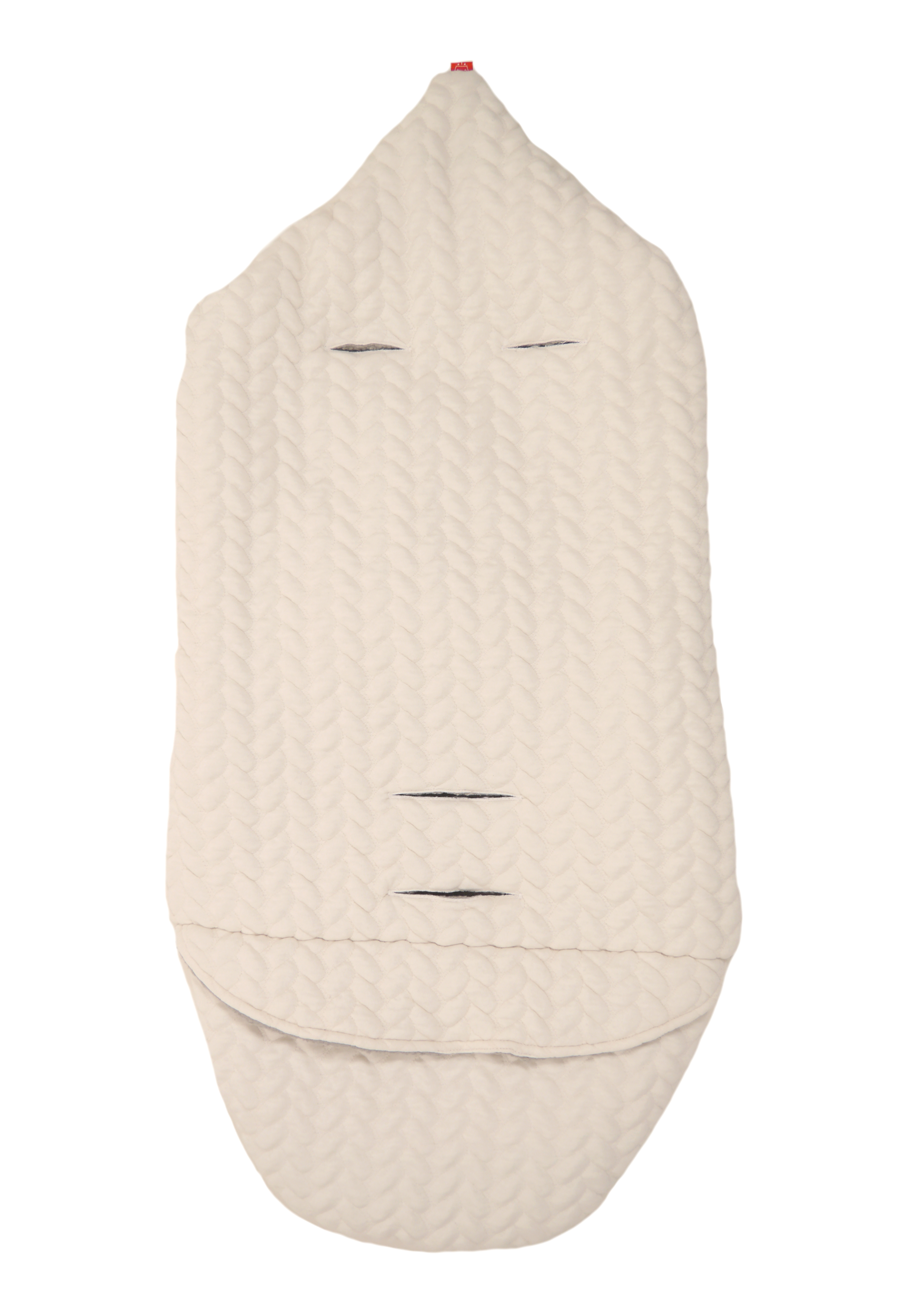 Rückseite Baby-Einschlagdecke in der Farbe beige mit Kapuze aus Baumwollstrick und Fleece-Innenfutter