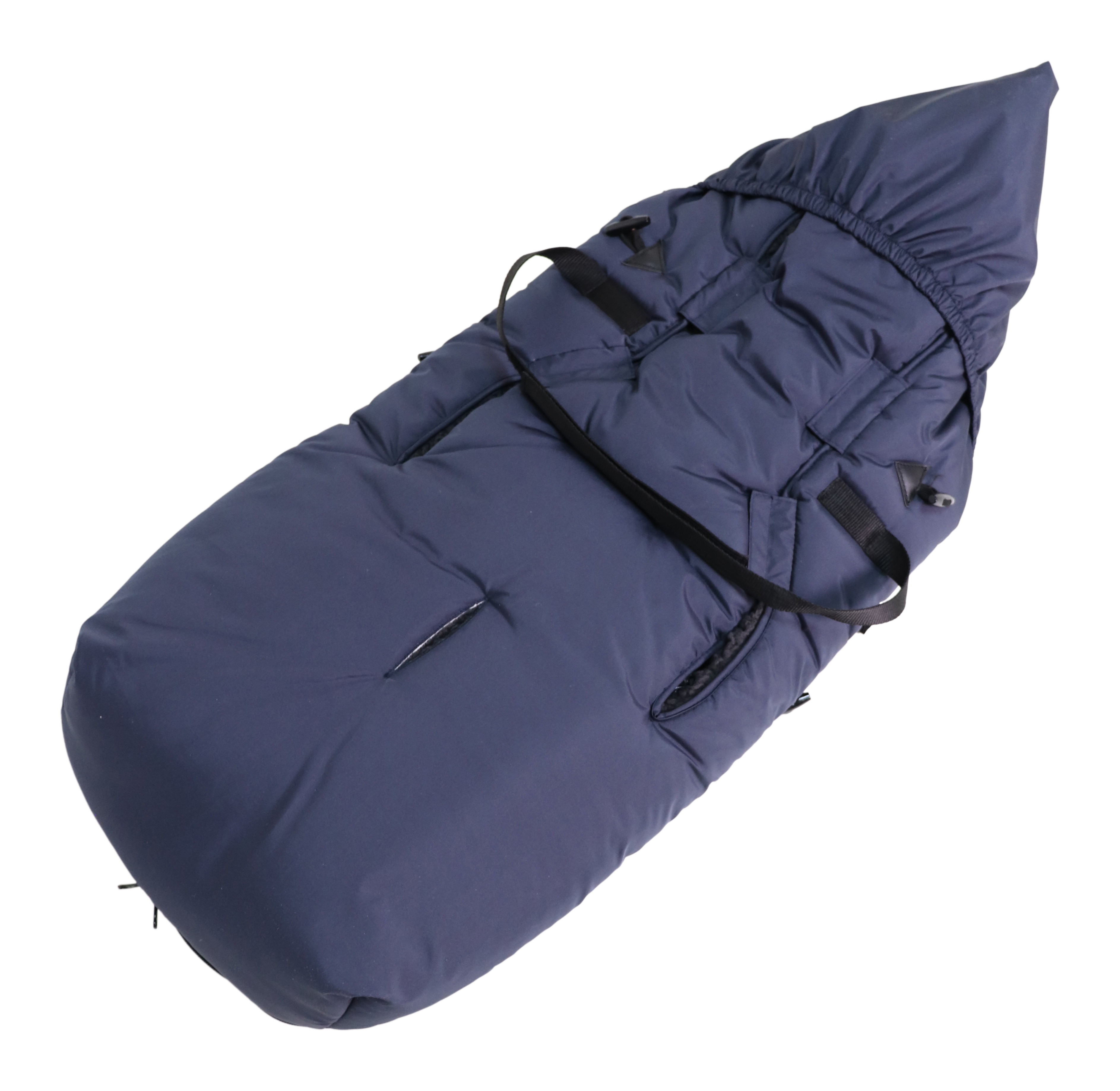 Fußsack mit einem Sherpa-Futter in der Farbe navy Rückseite
