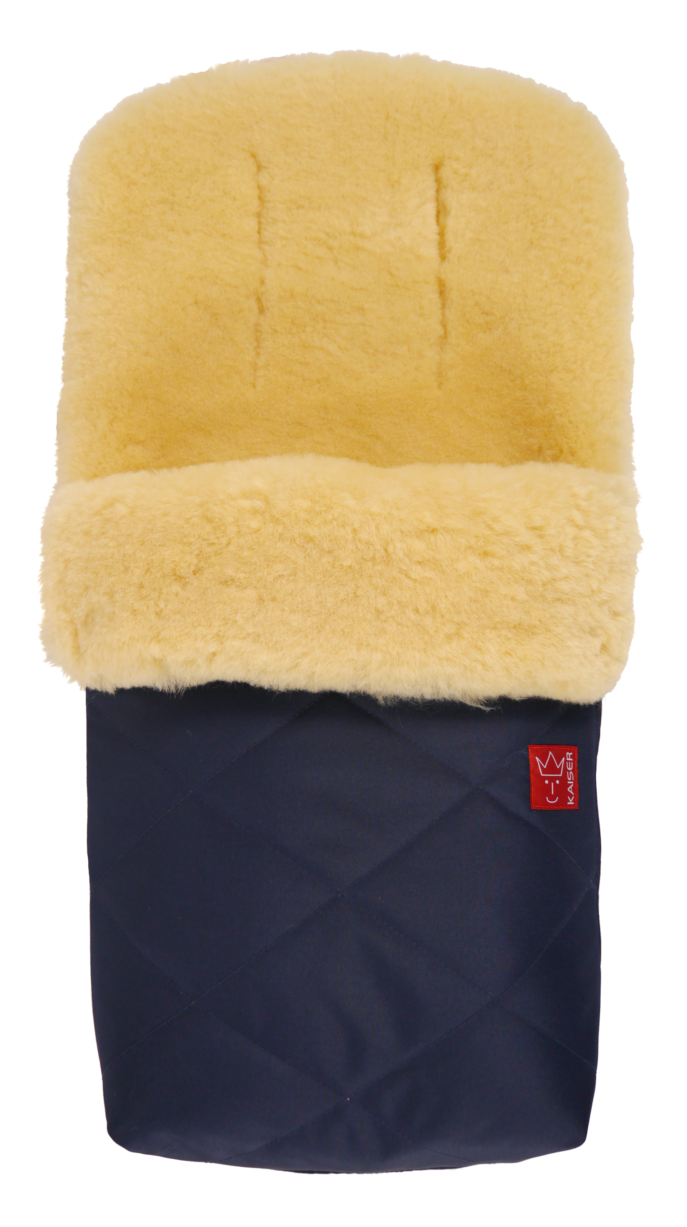 NATURA Lammfell Kinderwagen Fußsack Fußsack mit dem Lammfell-Innenfutter in der Farbe Navy und rotem „Kaiser“-Logo auf der Vorderseite