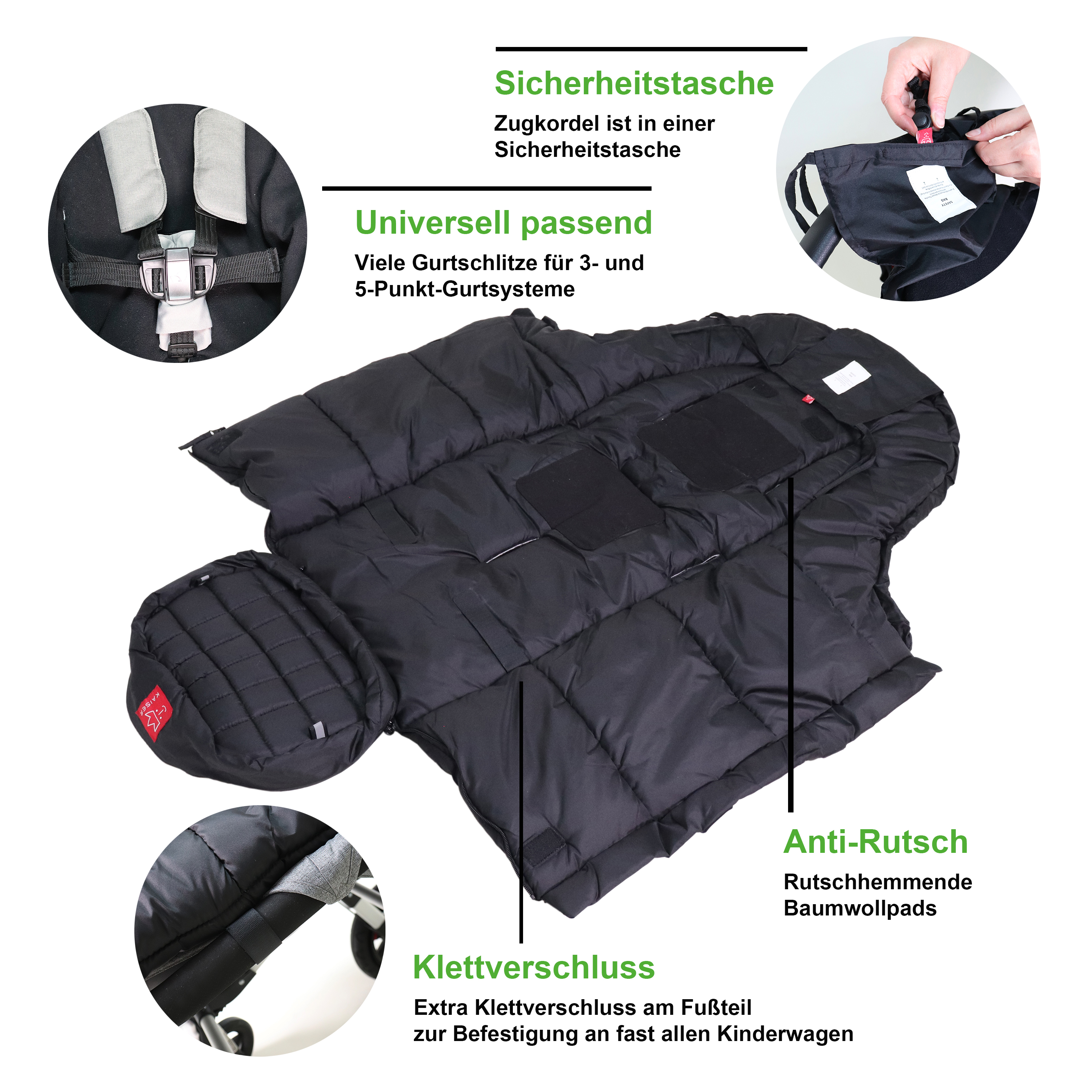 Ein schwarzer Fußsack ist vollständig ausgebreitet dargestellt. Er besitzt mehrere Gurtschlitze für verschiedene Gurtsysteme und ist mit rutschhemmenden Baumwollpads ausgestattet.