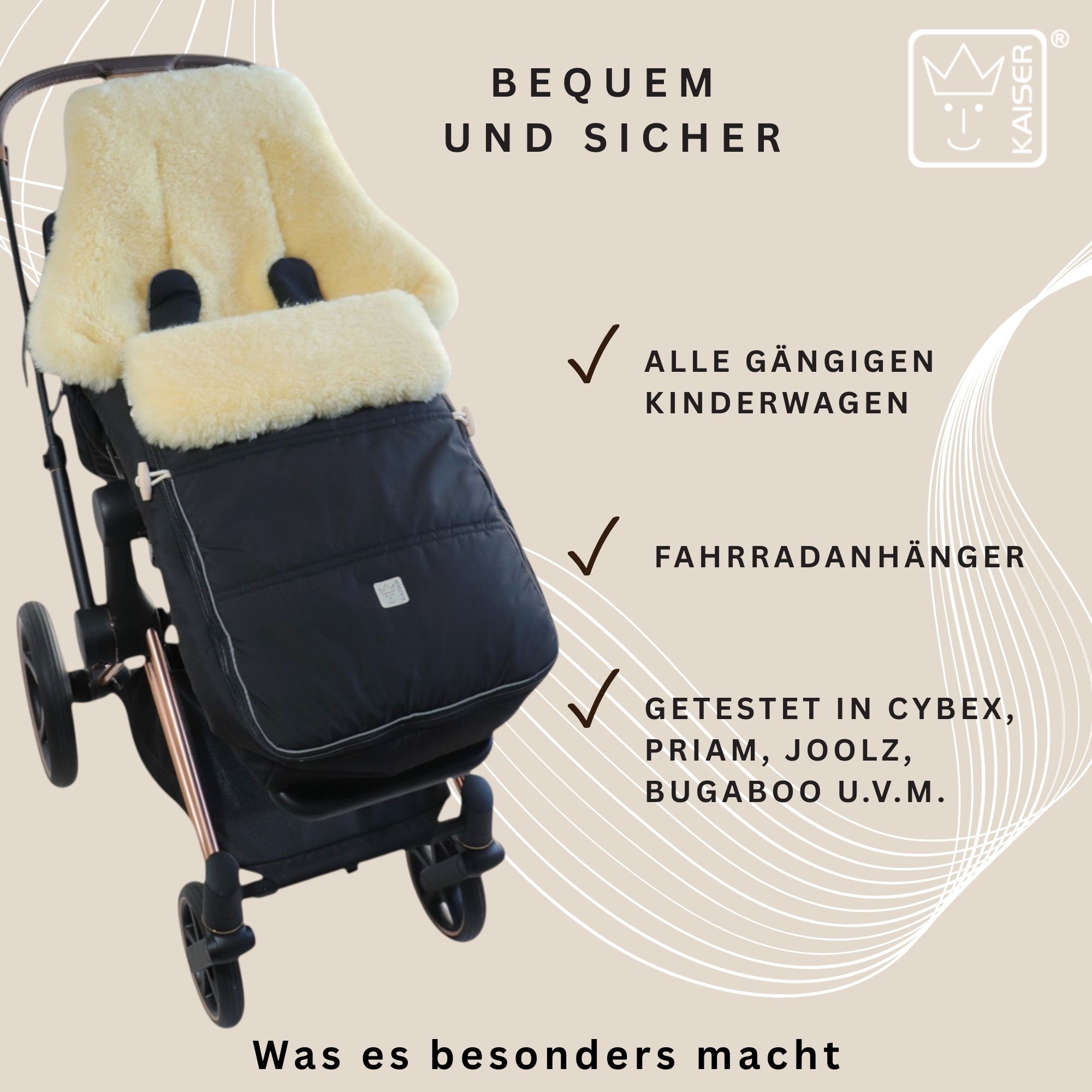 Passend für alle gängigen Kinderwagen und Fahrradanhänger – getestet in CYBEX, Joolz, Bugaboo u. v. m.