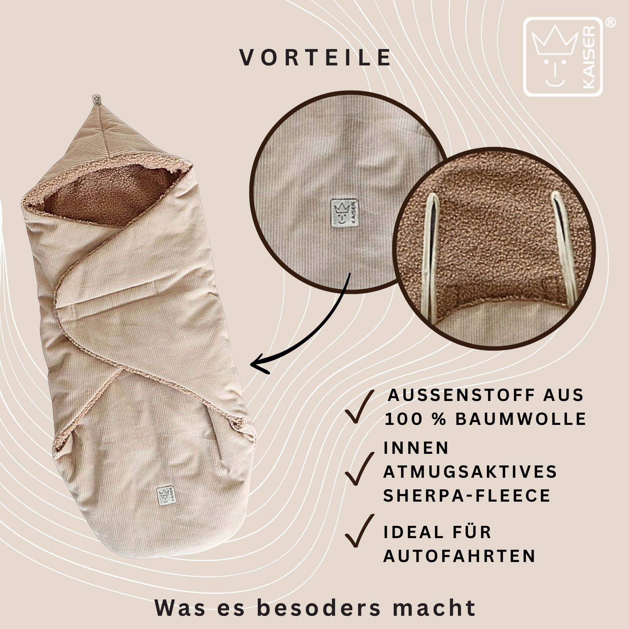 Atmungsaktives Sherpa-Fleece innen, Baumwoll-Cord außen – ideal für Autofahrten.