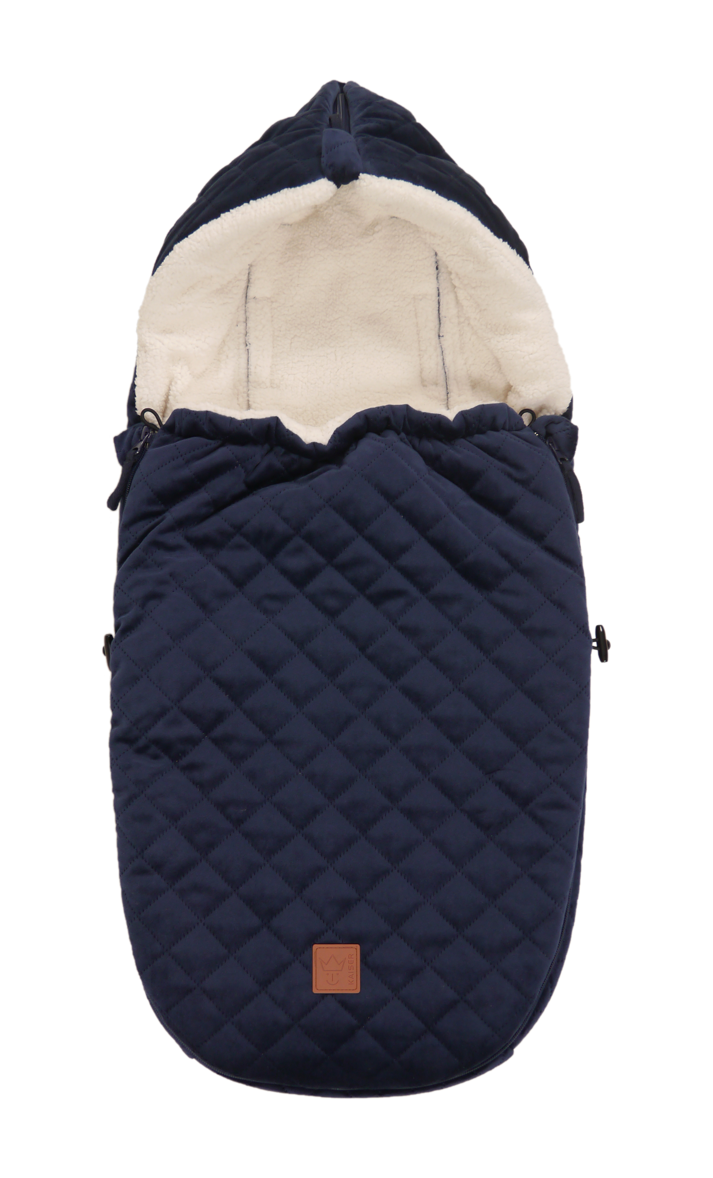 Dunkelblauer Fußsack mit Steppdesign und weißem Fleece-Innenfutter, Ansicht von oben.