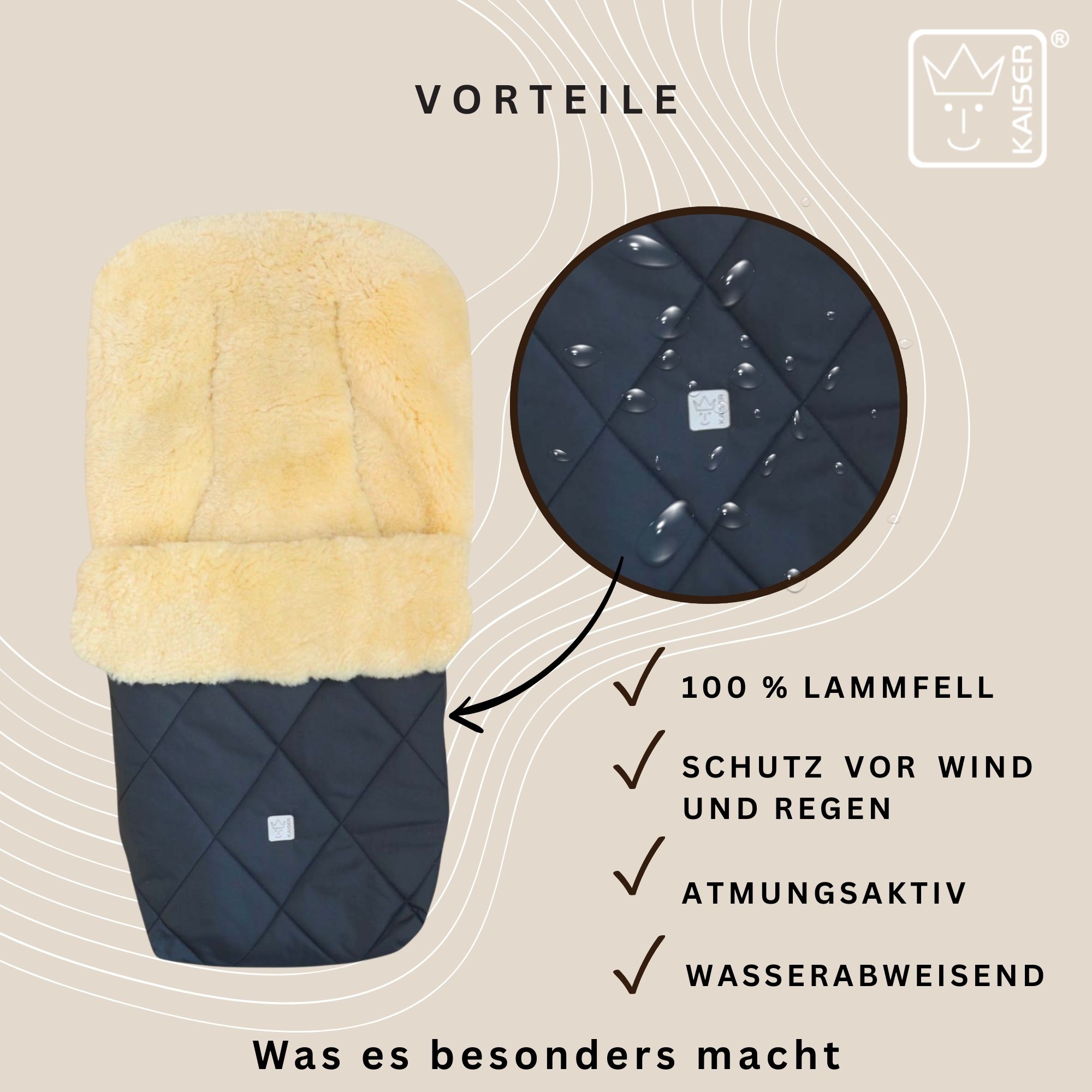 Fußsack mit Lammfell ist atmungsaktiv, wasserabweisend und schützt vor Wind und Regen.