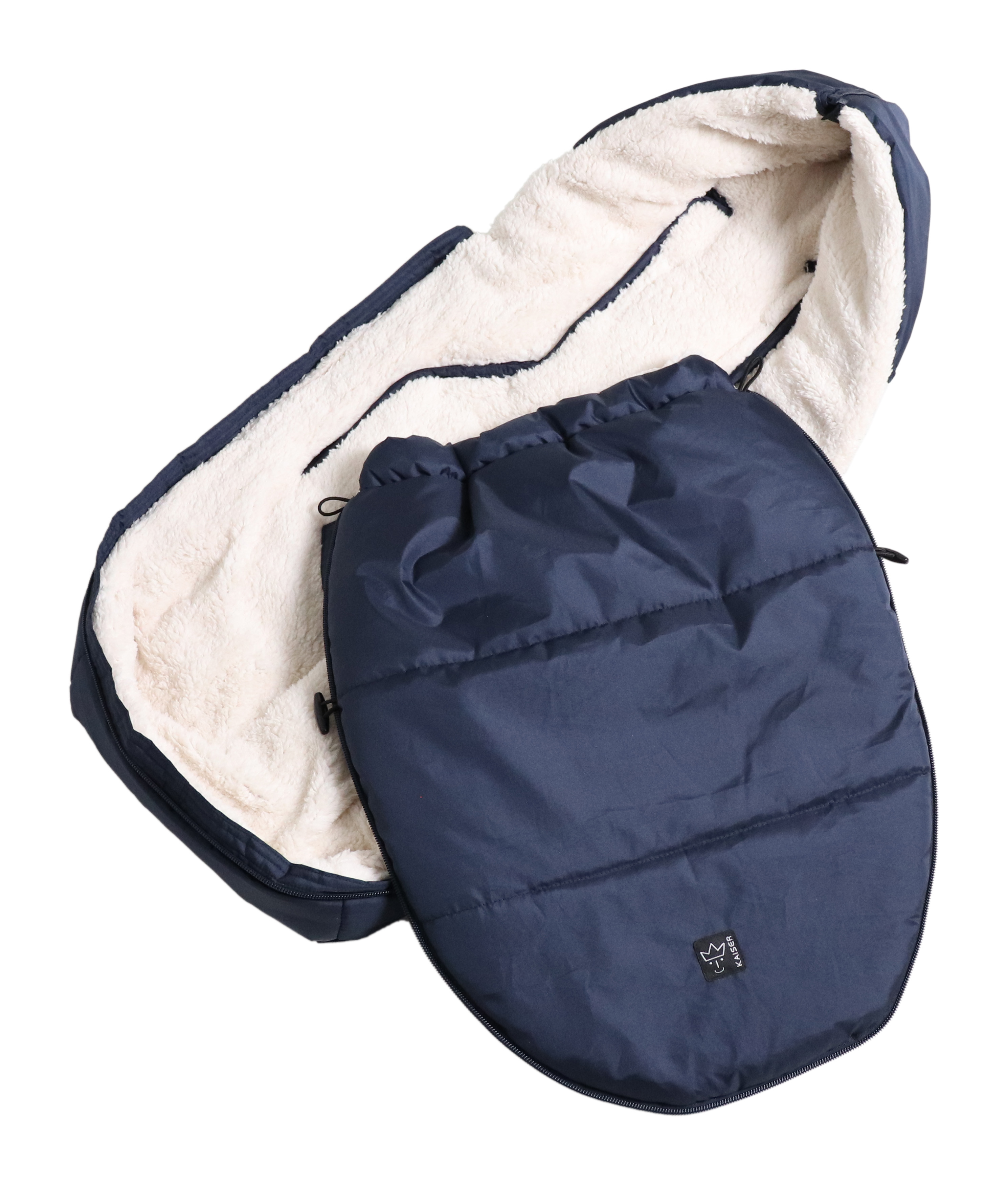 Fußsack mit weißem Fleece-Innenfutter für Babyschale in der Farbe Navy mit abnehmbarem Vorderteil