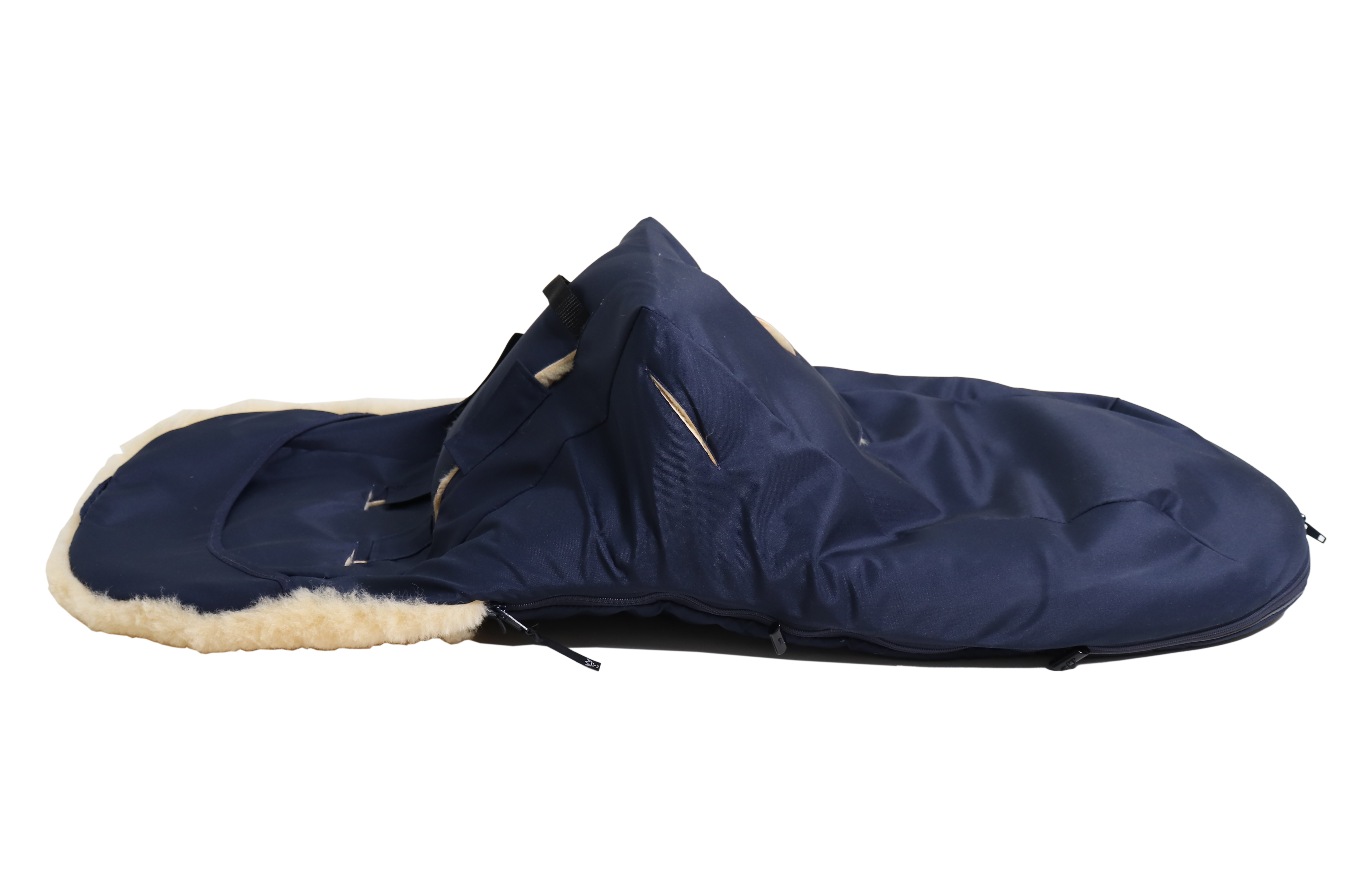 Fußsack mit dem Lammfell-Innenfutter in Navy seitlich