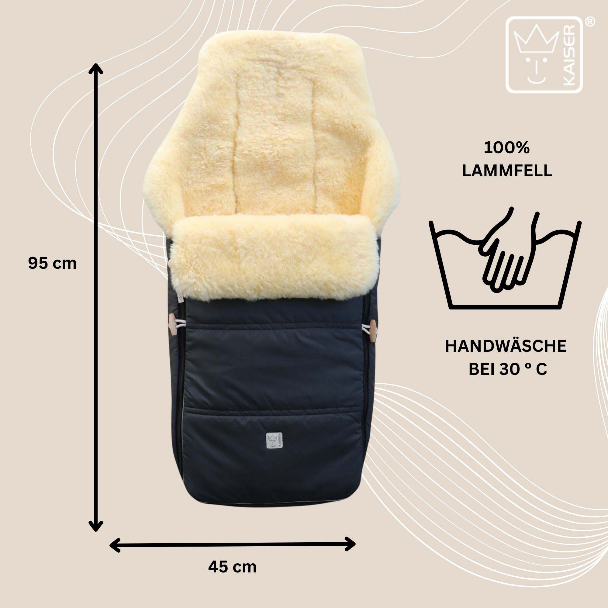 Maße des Fußsacks: 95 × 45 cm – 100 % Lammfell, Handwäsche bei 30 °C empfohlen.
