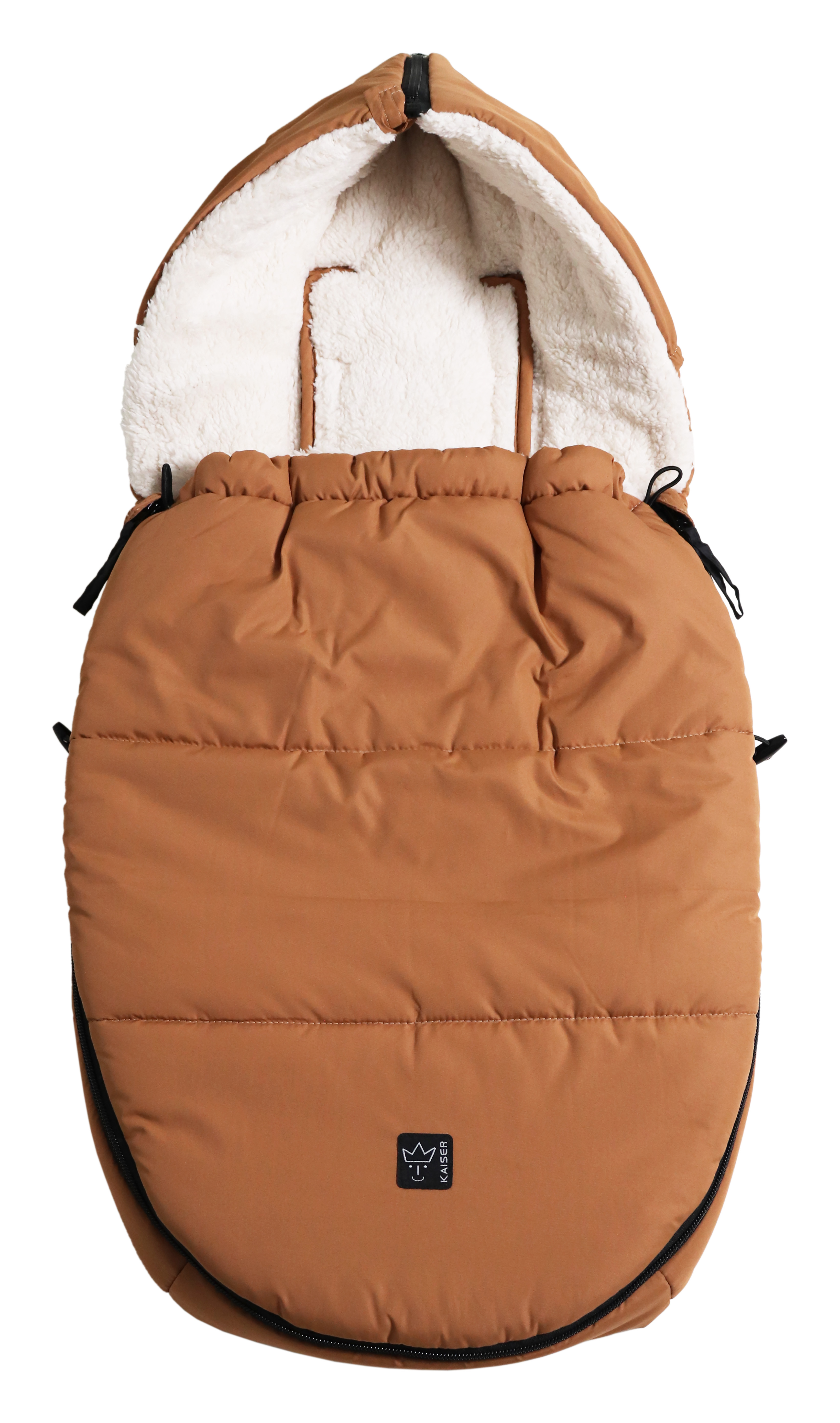 Fußsack mit weißem Fleece-Innenfutter für Babyschale in der Farbe camel