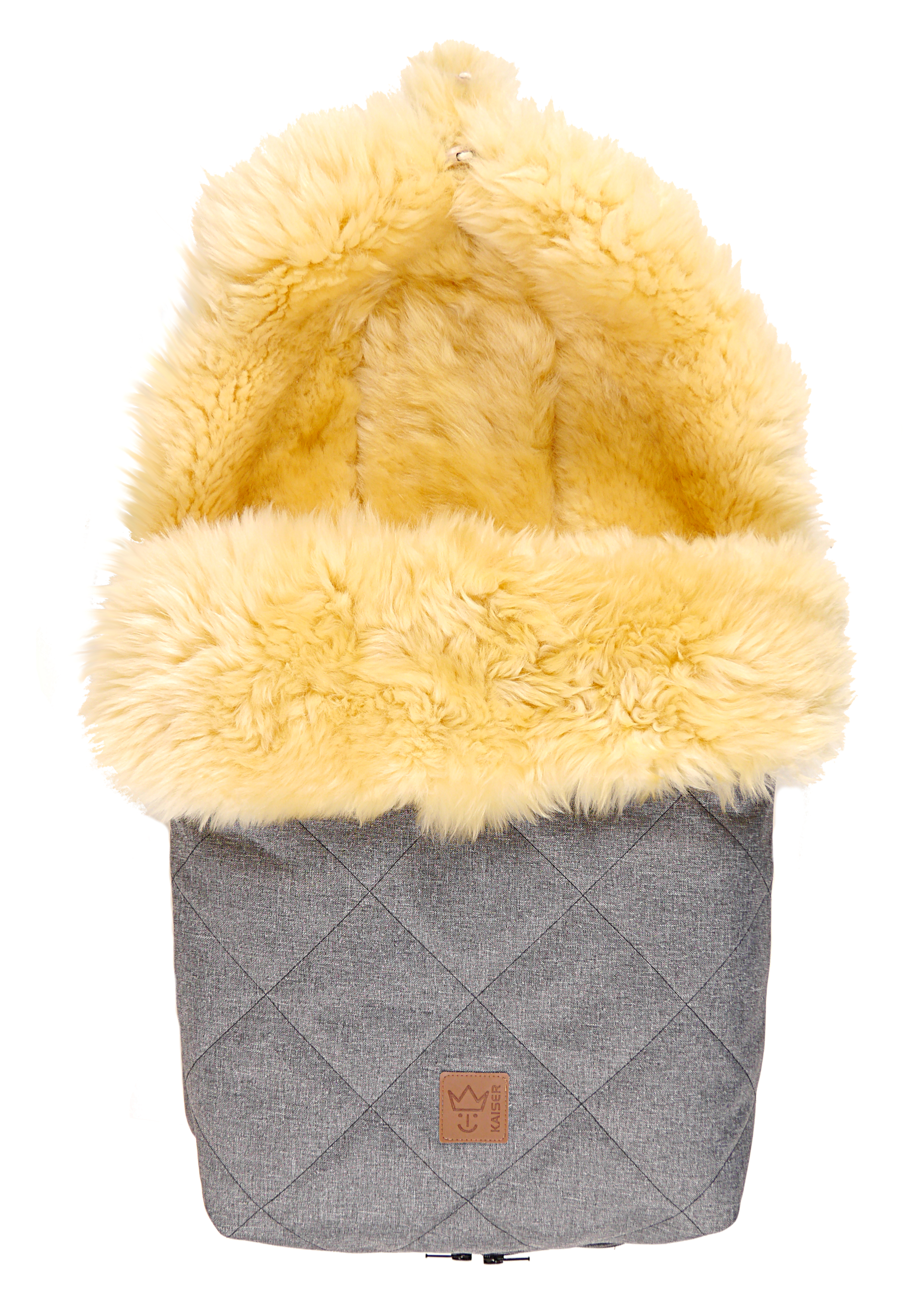 Winterfußsack in der Farbe anthrazit melange mit Lammfell mit Kapuze