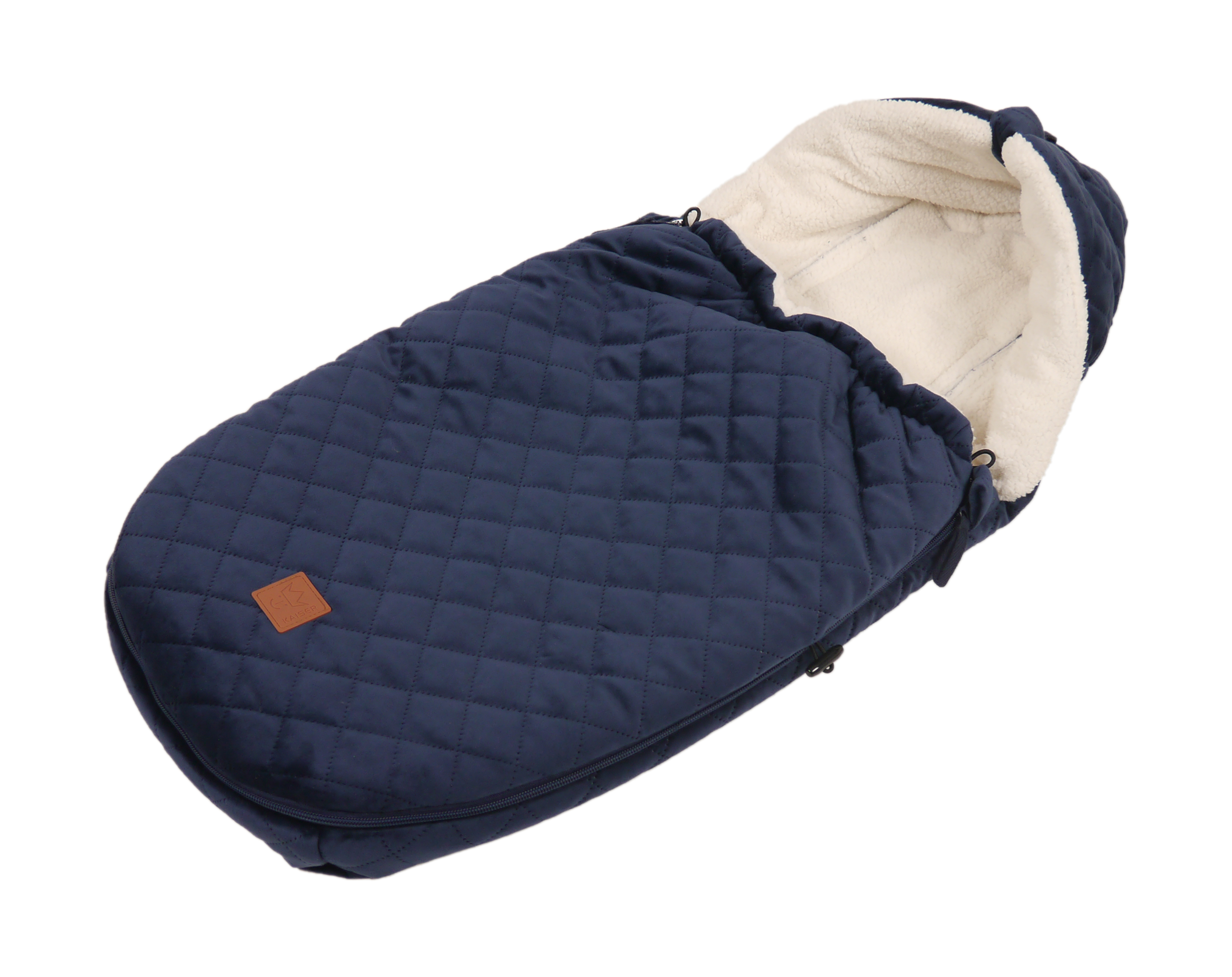 Hochwertiger, gesteppter Fußsack mit Label – warm gefüttert und elegant in navy