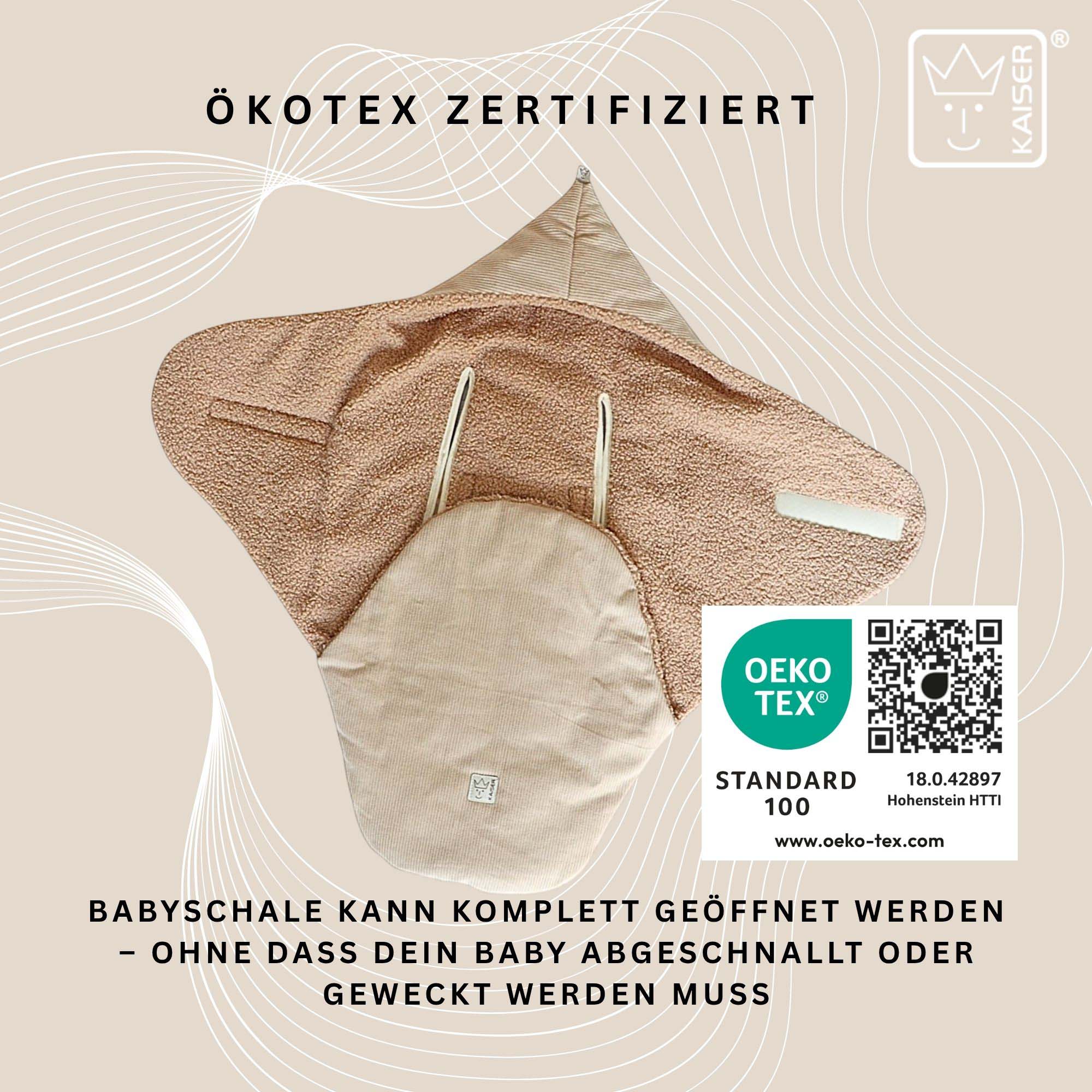 Geöffneter Fußsack mit OEKO-TEX Zertifikat – ermöglicht schnelles Auspacken ohne Abschnallen.