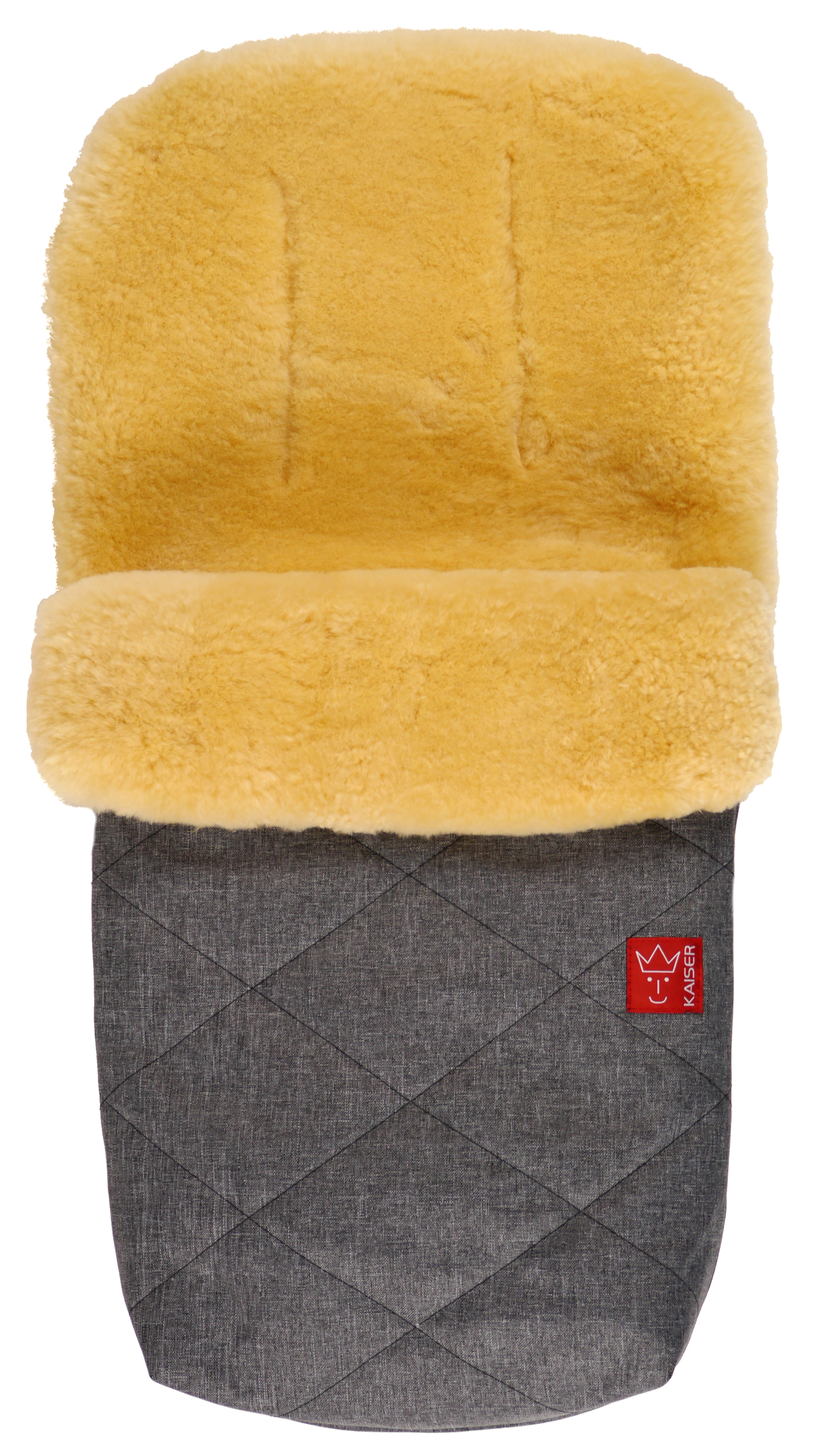NATURA Lammfell Kinderwagen Fußsack Fußsack mit dem Lammfell-Innenfutter in der Farbe anthrazit melange und rotem „Kaiser“-Logo auf der Vorderseite