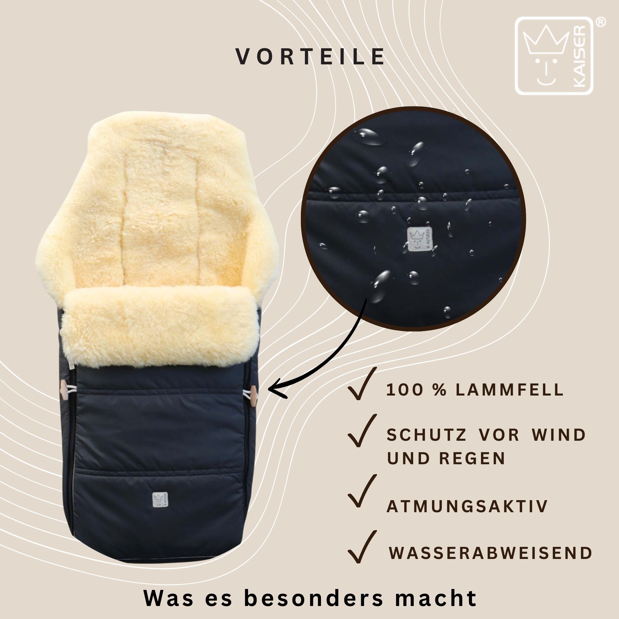 Fußsack aus 100 % Lammfell – wasserabweisend, atmungsaktiv, wind- und regendicht.