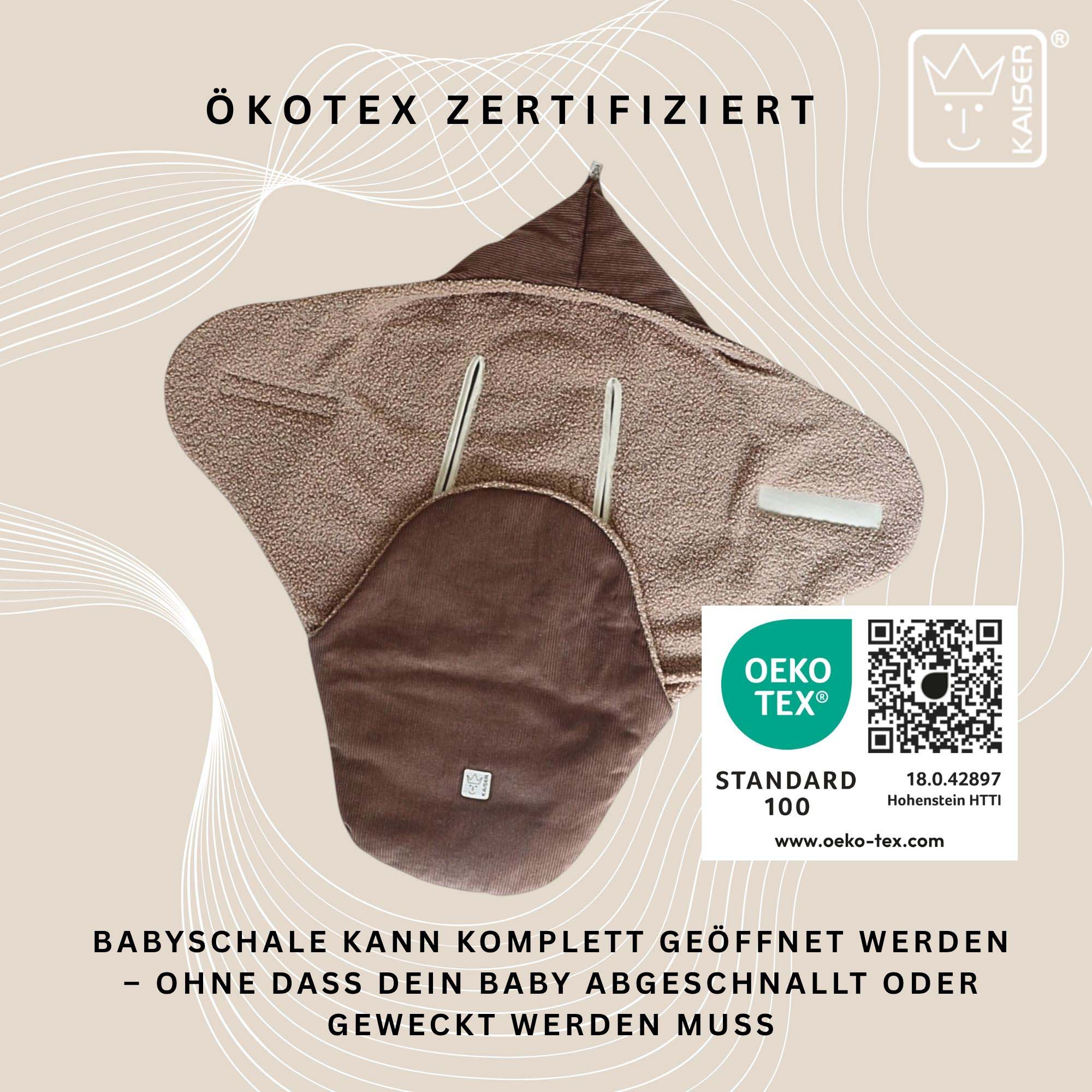 Geöffneter Fußsack mit OEKO-TEX Zertifikat – ermöglicht schnelles Auspacken ohne Abschnallen.
