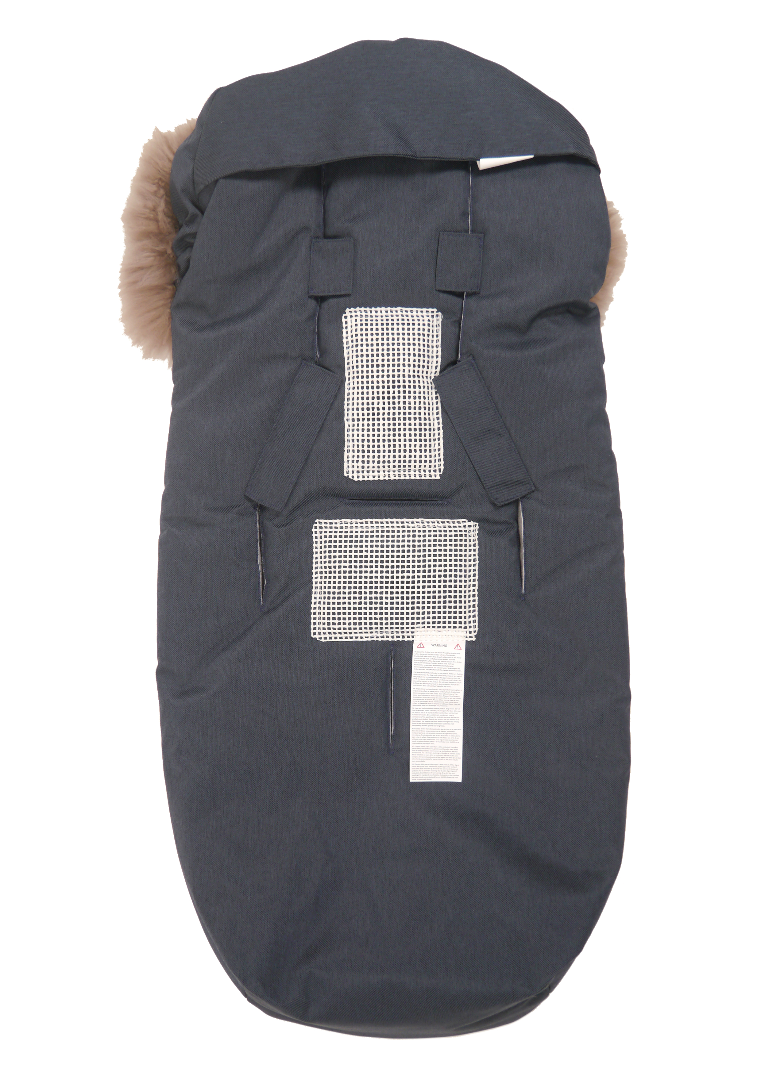 Rückseite des Kaiser Fußsacks in der Farbe denim blue mit braunem Fellrand und grauem Fleece-Innenfutter