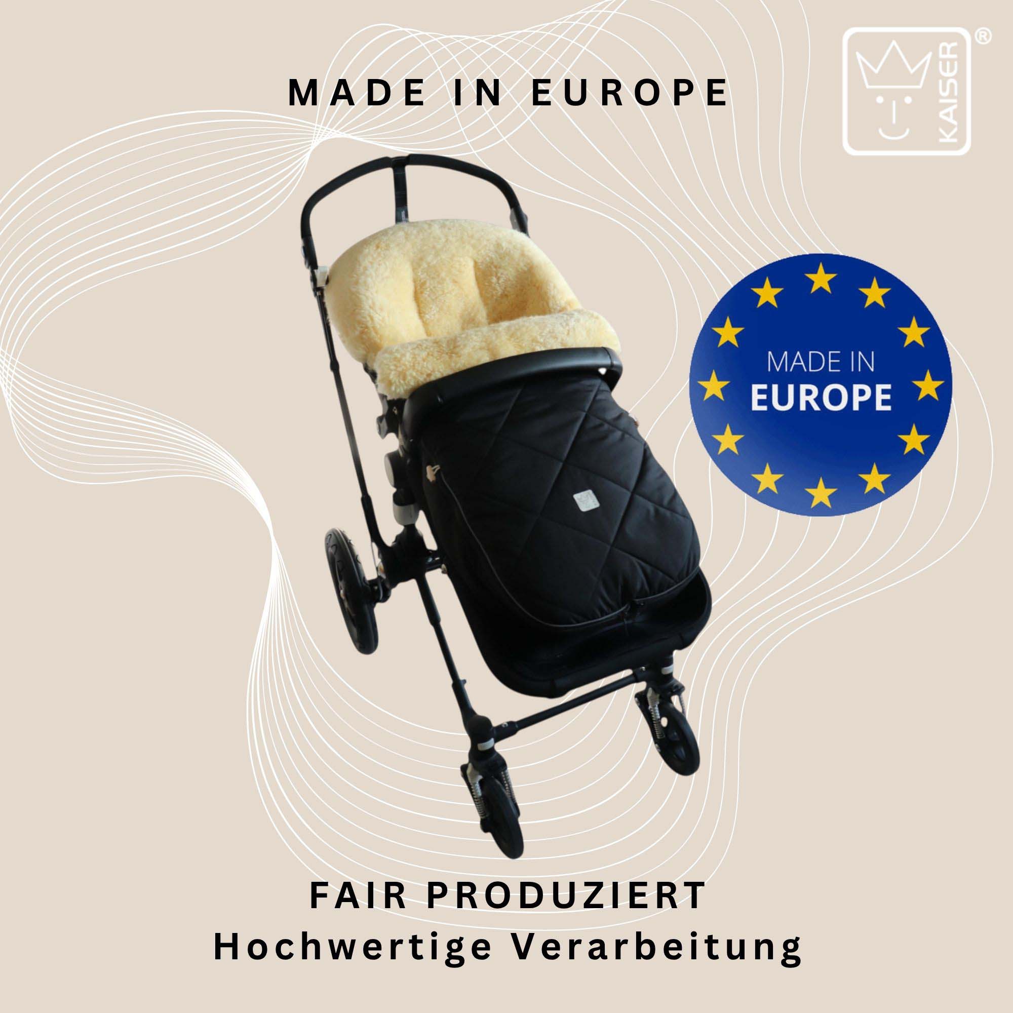 CLASSIC for BUGABOO Lammfell-Kinderwagenfußsack Maße: 100×45 cm – 100 % Lammfell, Handwäsche bei 30 °C empfohlen.