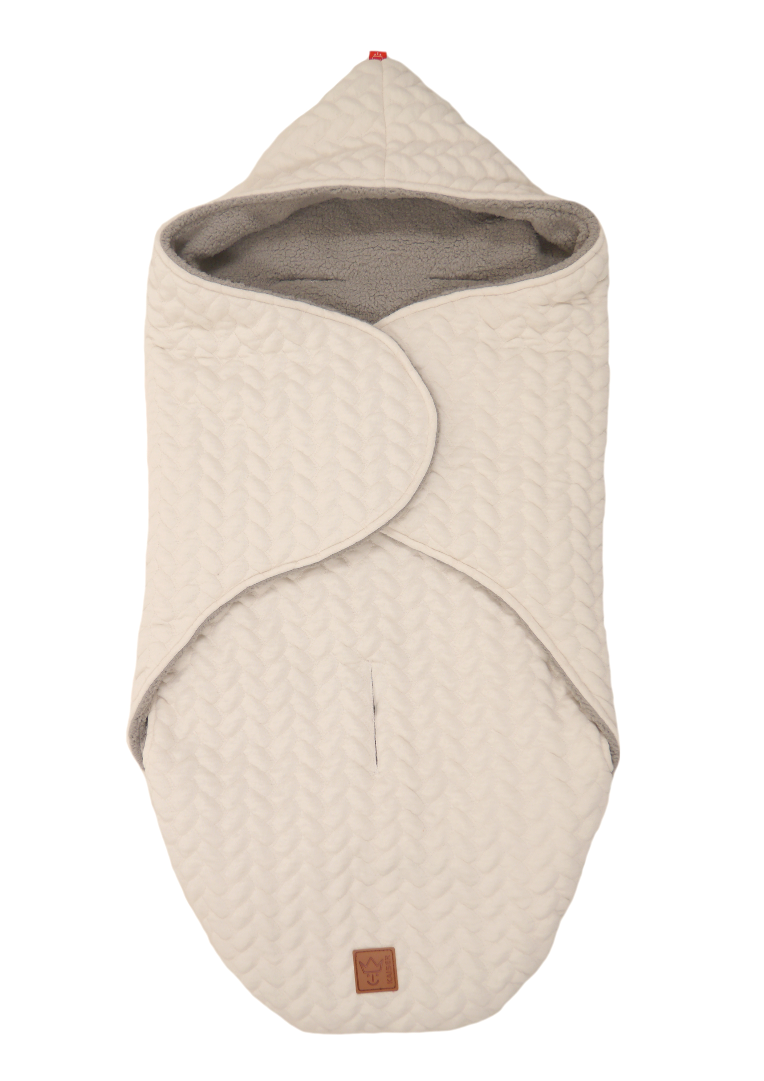 WRAPPY Einschlagdecke Baby-Einschlagdecke in der Farbe beige mit Kapuze aus Baumwollstrick und Fleece-Innenfutter, geschlossen