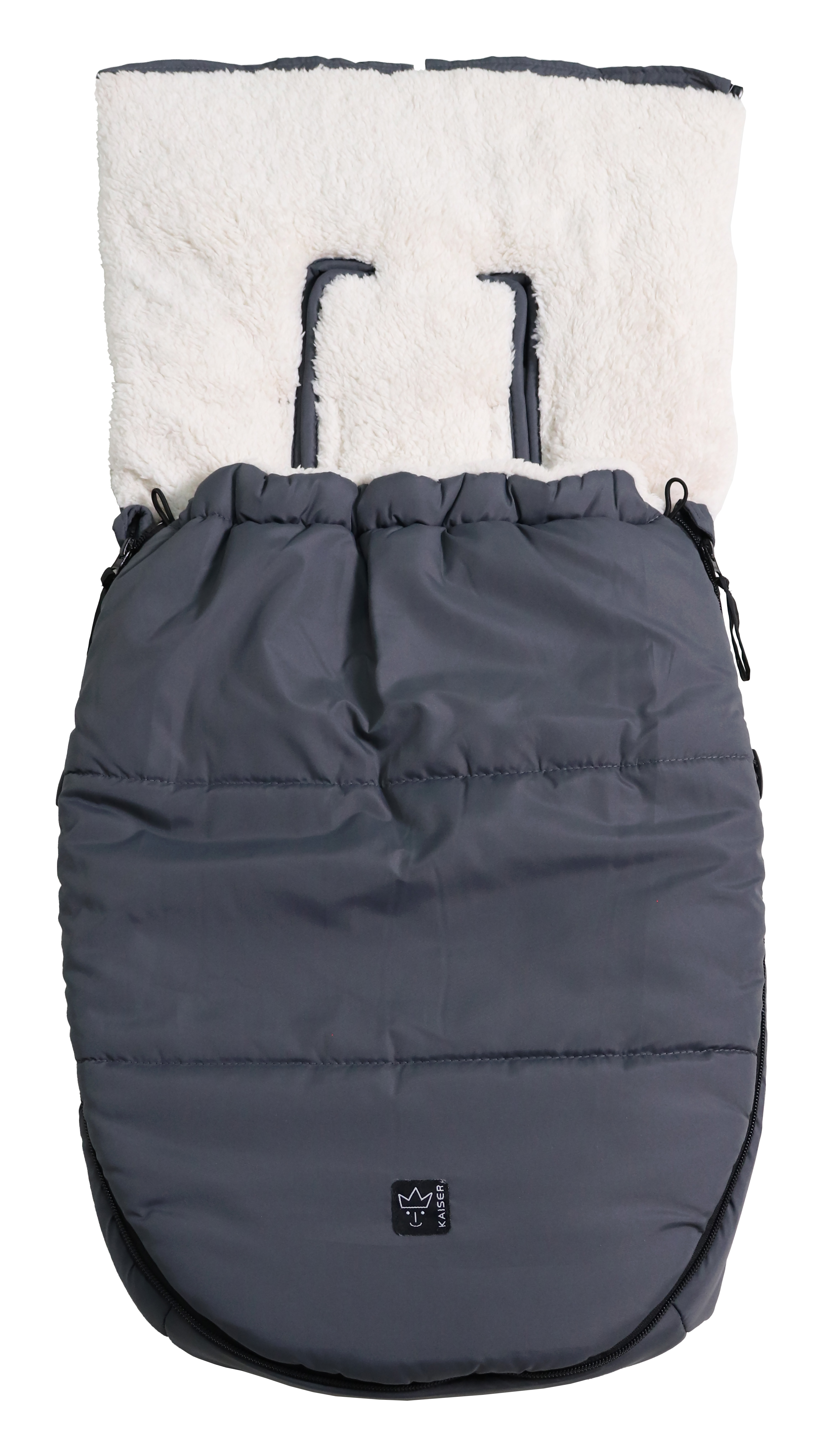 Fußsack mit weißem Fleece-Innenfutter mit geöffnetem Oberteil für Babyschale in der Farbe anthracite