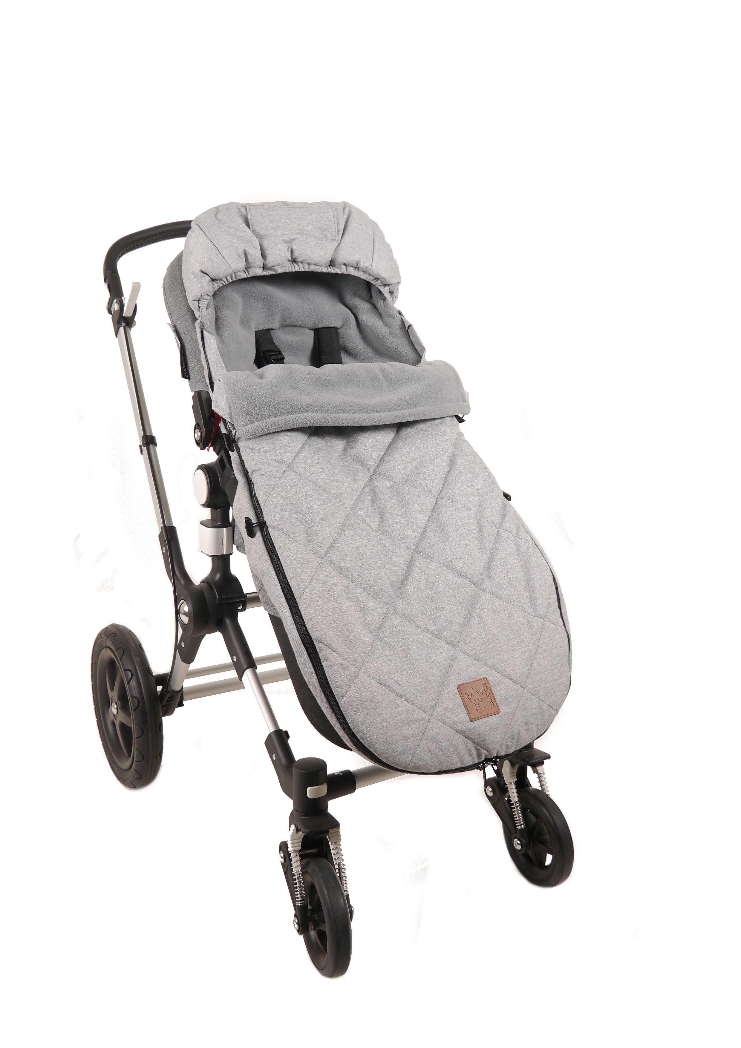 Hellgrauer Kinderwagen Winterfußsack mit Kapuze, geöffnet und kuschelig gefüttert