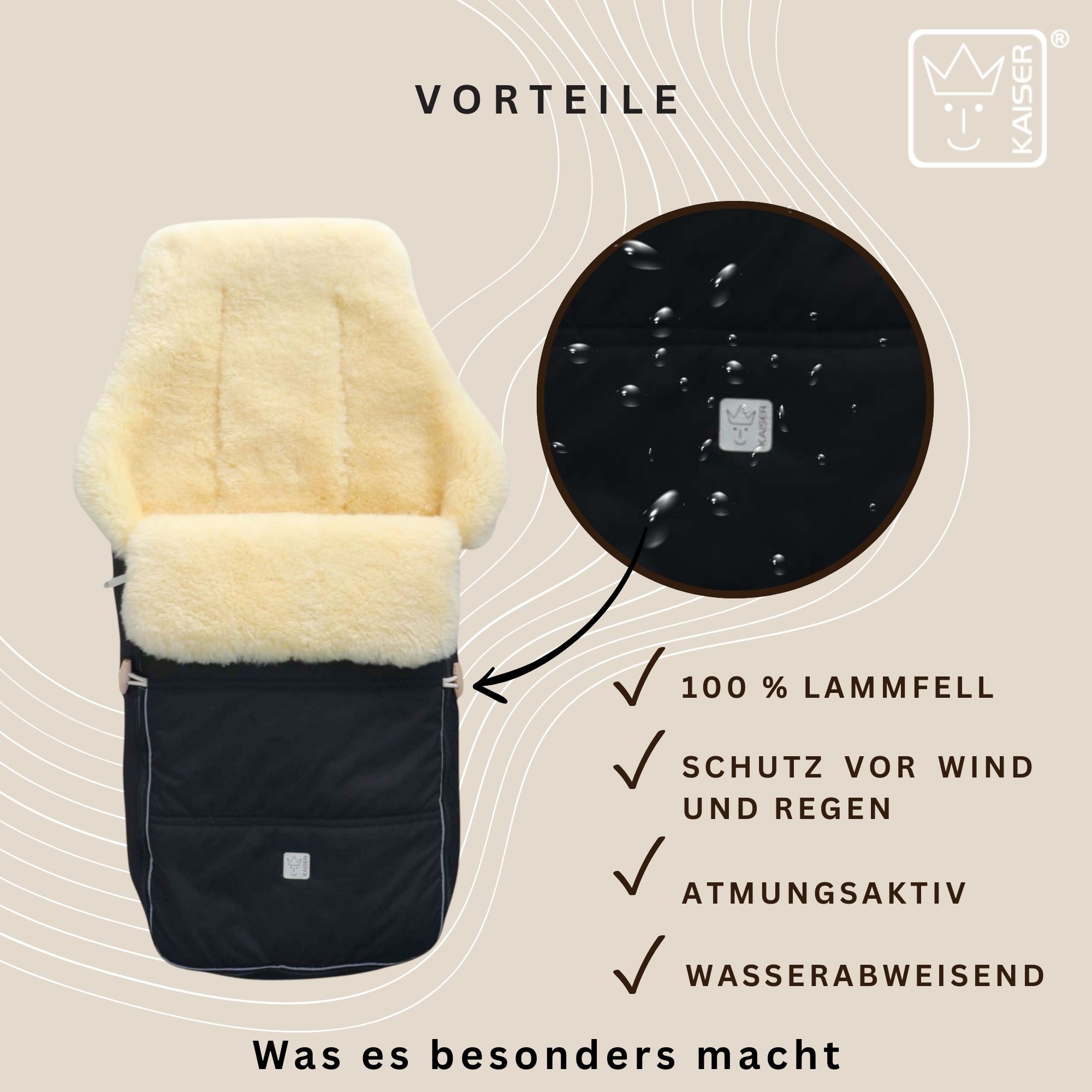 Fußsack aus 100 % Lammfell – wasserabweisend, atmungsaktiv, wind- und regendicht.