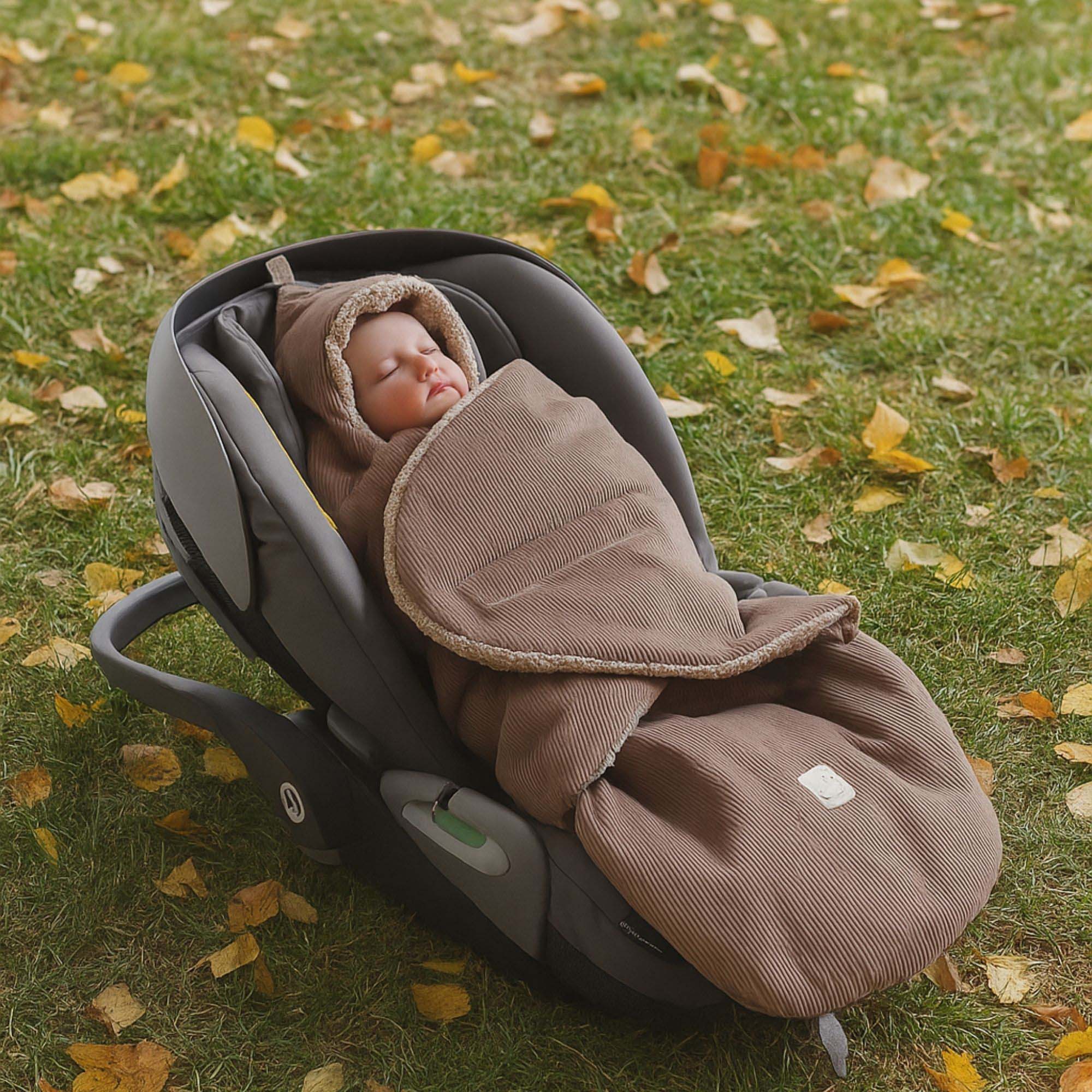Baby liegt im Fußsack in Babyschale auf Rasen mit Herbstlaub – warm und geschützt.