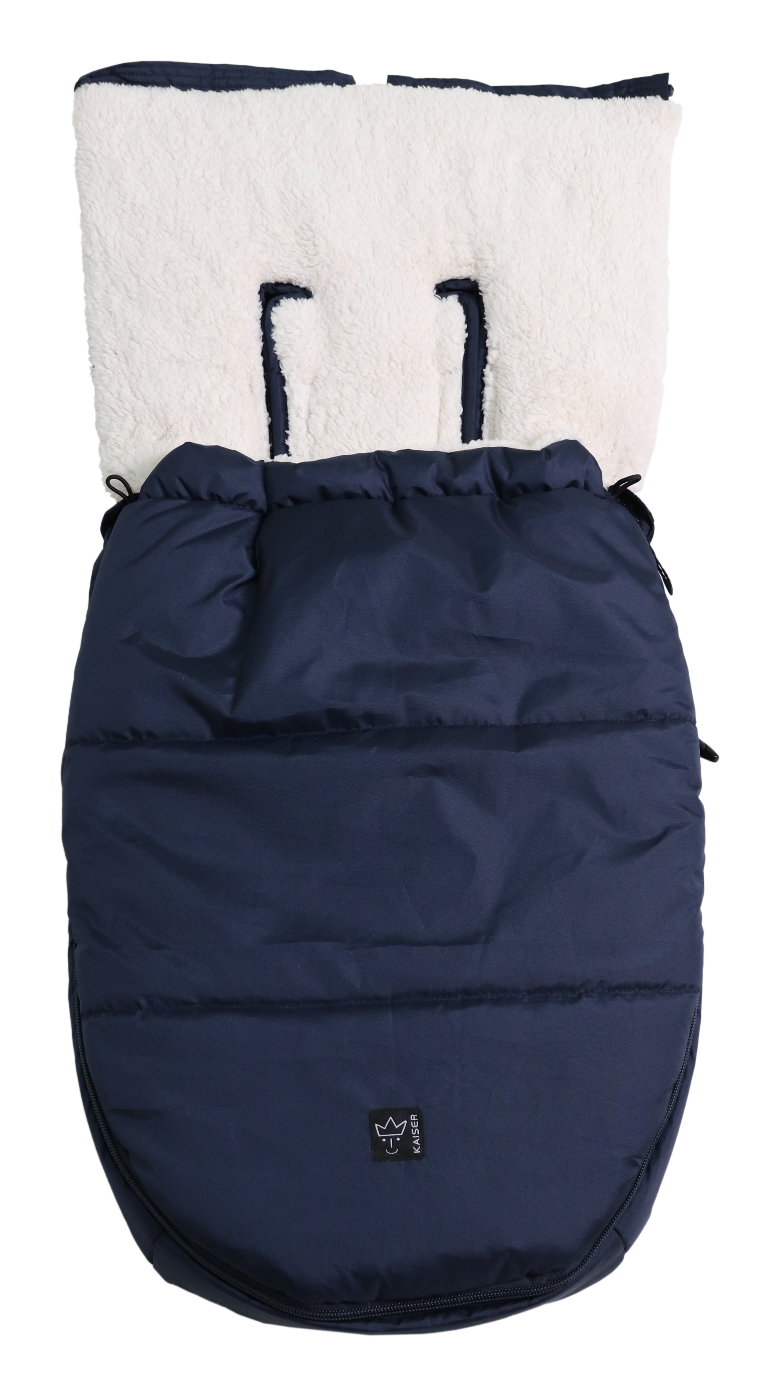 Fußsack mit weißem Fleece-Innenfutter mit geöffnetem Oberteil für Babyschale in der Farbe navy