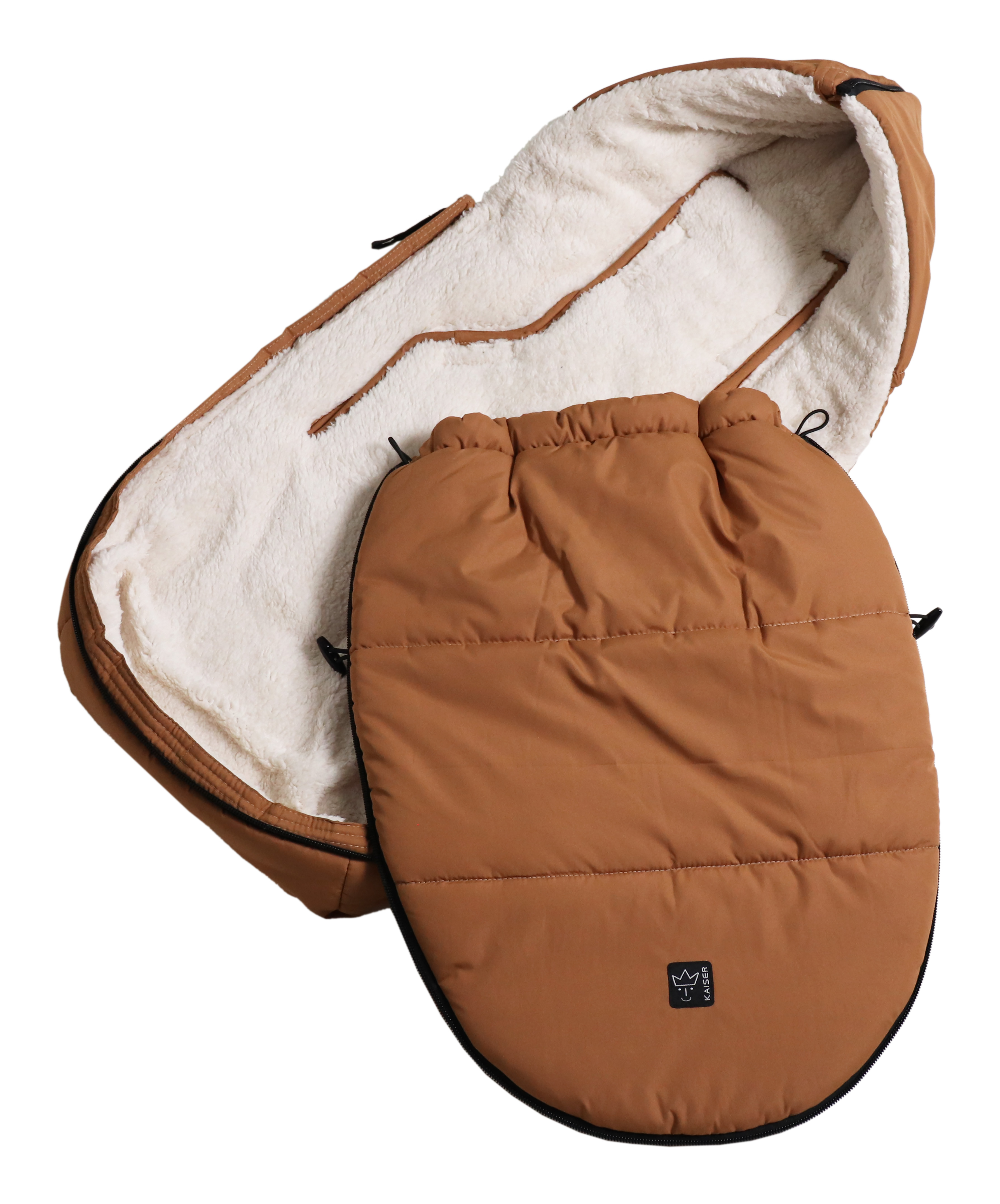 Fußsack mit weißem Fleece-Innenfutter für Babyschale in der Farbe camel mit abnehmbarem Vorderteil